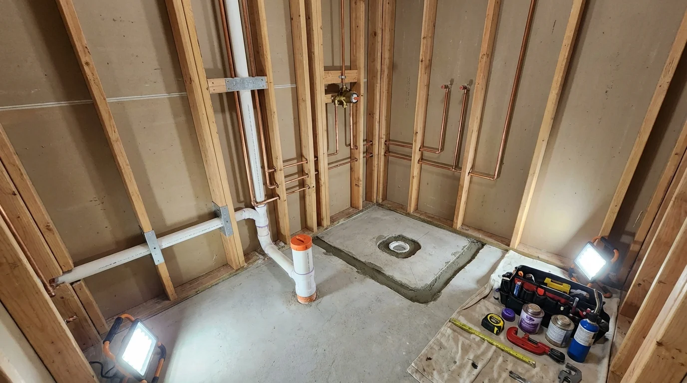 Bathroom rough-in plumbing during remodel by Johns Plumbing LLC in Wapello