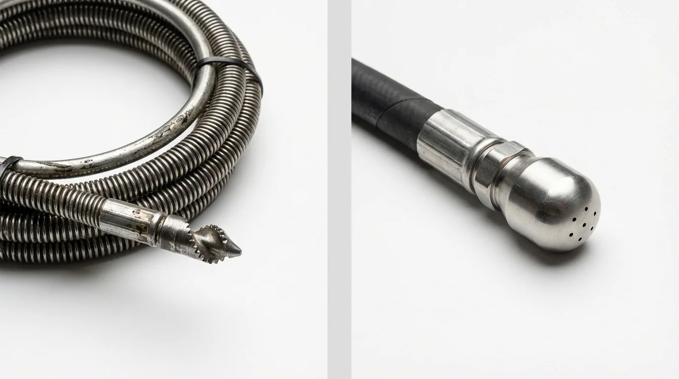 Drain snake cable and hydro jetting nozzle used for drain cleaning in Wapello, IA