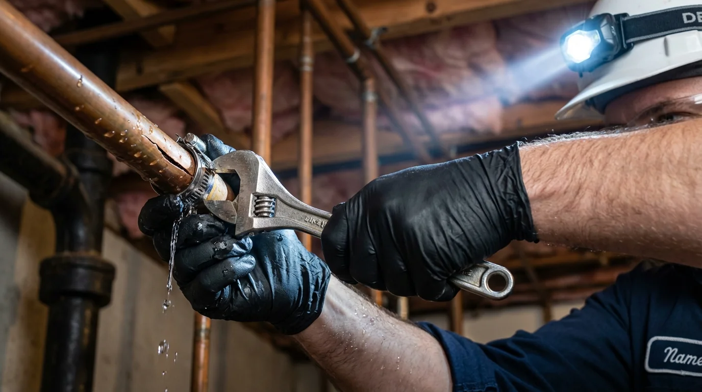 Emergency pipe clamp repair being performed by a Johns Plumbing LLC plumber in Wapello