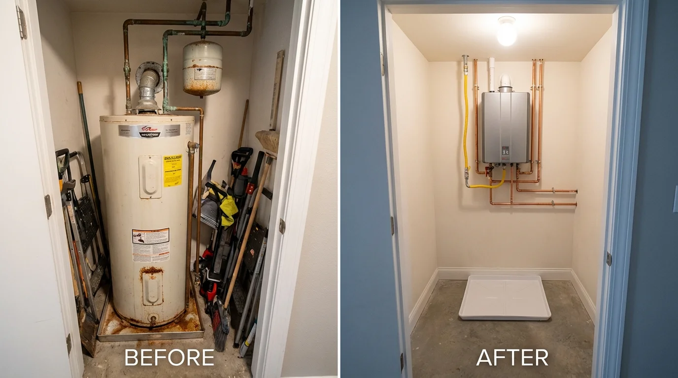 Tank water heater versus wall-mounted tankless unit comparison for Wapello, IA homeowners