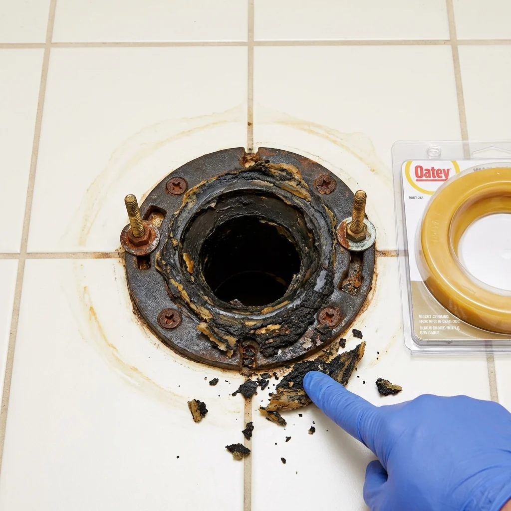 Failed wax ring showing water seepage at the base of a toilet in a Wapello, IA home