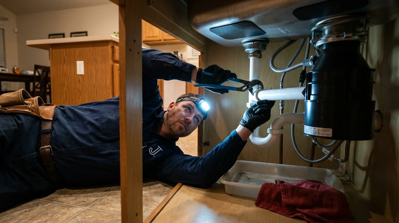 P-trap and supply line connections under a kitchen sink showing a common leak point in Wapello, IA